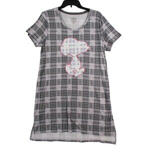Snoopy Plaid Print Womens Nightshirt Dress Large Short Sleeve Peanuts Gray Pink